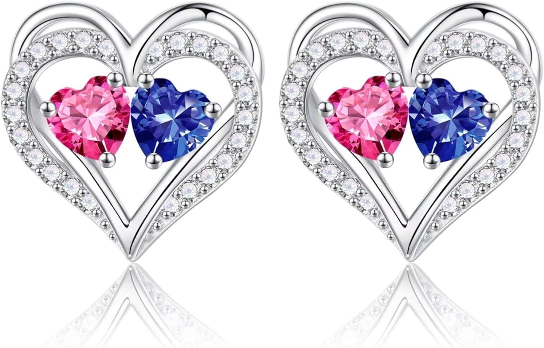 Iefil Birthstone Earrings for Women - 925 Sterling Silver Heart Earrings Anniversary Birthday Gifts for Women Wife Girlfriend Mom