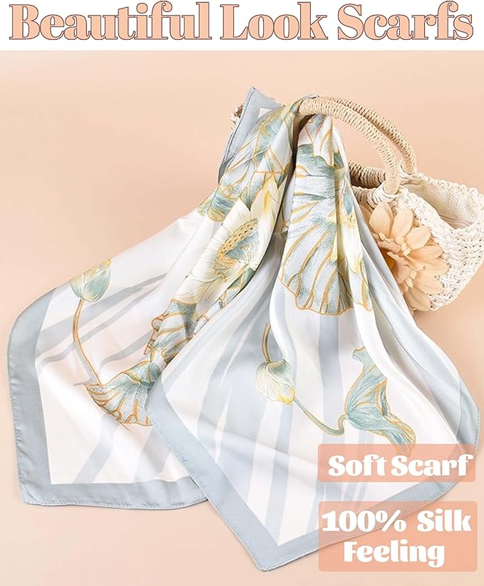 kcctoo 27.5" Mulberry Silk Feeling Head Scarf Women's Fashion Square Neck Satin Scarfs for Bag Hair Scarves Gift