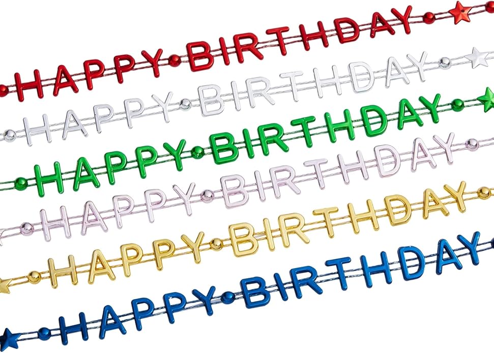 Sparkle and Bash Happy Birthday Necklace Set - 24 Count, 6 Metallic Colors, 15.5 in Bead Strand - Birthday Necklaces & Party Favors