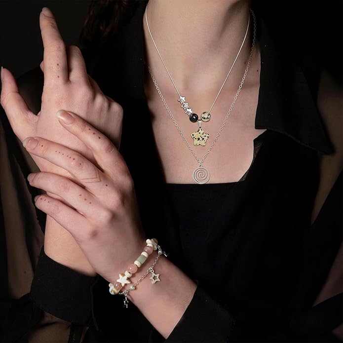 Multilayer Y2k Star Necklace Fairy Grunge Bracelets Set Handmade Fairycore Grunge Jewelry Gothic Swirl Star Necklace Punk Rock Roll Music Guitar Grunge Accessories for Women Men