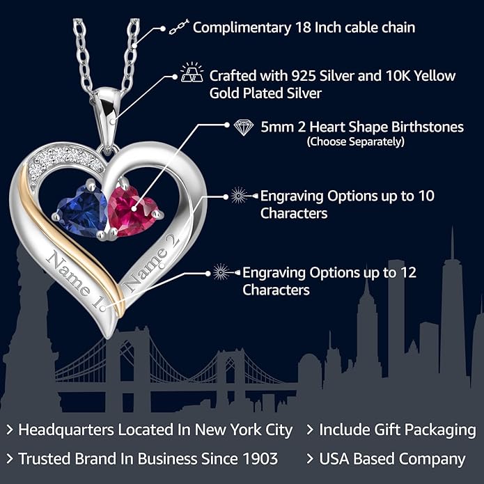 2-Heart Couple Name Engraved Pendant Necklace For Women | 925 Sterling Silver and 10K Yellow Gold | Customized and Personalized | Gemstone Birthstone and Lab Grown Diamond | 18 Inch Silver Chain
