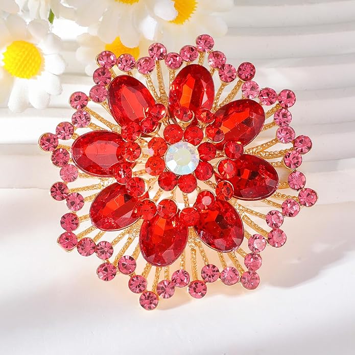 Large Crystal Flower Brooch Pin for Women Red purple pink green Rhinestone Flower Lapel Pin Wedding Party Birthday Dance Banquet Dress Suit Ceremony Clothes Hat Bag Accessories Jewelry