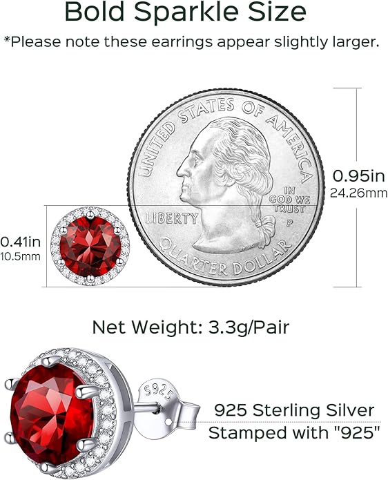 ChicSilver 925 Sterling Silver Birthstone Earrings for Women, 8MM/2 Carat Heart & Round Cubic Zirconia Stud Earrings, Hypoallergenic Jewelry, Ideal Birthday or Christmas Gifts