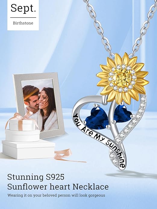 Zeuslia Double Birthstone Necklace Gifts for Wife - 925 Sterling Silver Sunflower/Rose/Crown Cross/Compass/Heart Pendant I Love You Necklace, Anniversary Birthday Gifts for Wife Girlfriend Mom Her