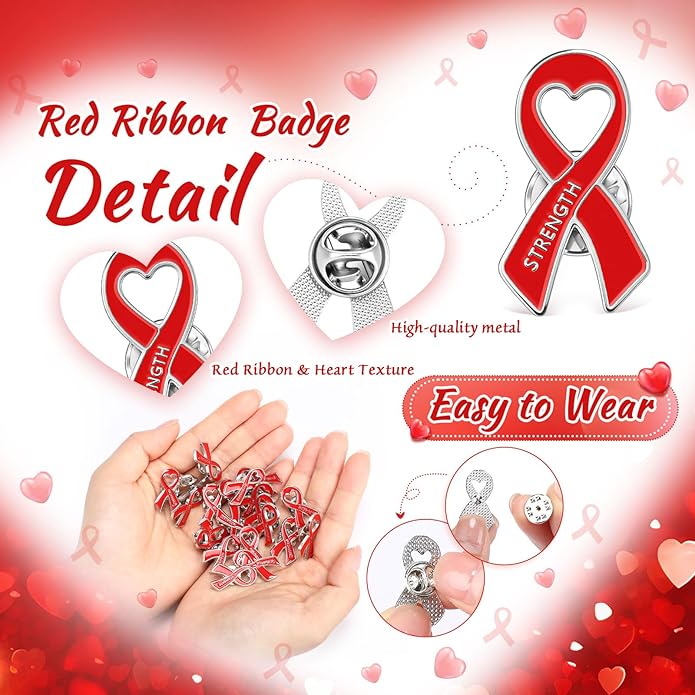 Tondiamo Red Ribbon Pins Bulk Heart Awareness Lapel Pins Heart Disease Brooches Hiv Aids Awareness Brooches for Doctors Charity Fundraising Red Ribbon Week Supplies