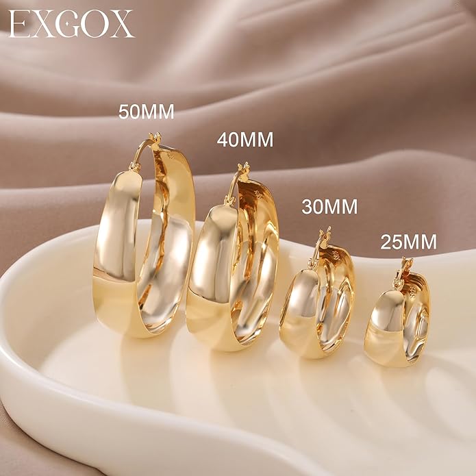 EXGOX Gold Hoop Earrings for Women Sterling Silver Post Hoops Earrings for Women Wide Thick Silver Hoop Earrings Hypoallergenic Lightweight 14k Real Gold Plated Hoop Large Earrings (25/30/40/50MM)