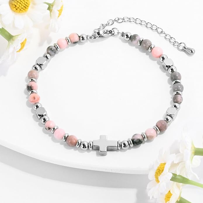 VIBILIA Cross Beaded Bracelets for Women, Inspirational Natural Heart Religious Bracelets for Women, Birthday Christian Gifts for Women on Thanksgiving Christmas Gifts