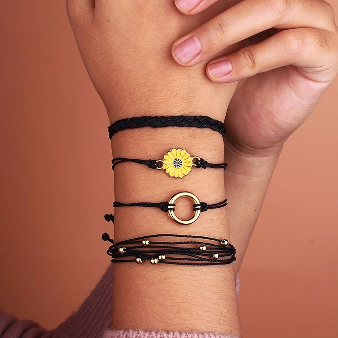 FANCY SHINY Sunflower String Bracelet Boho Braided Rope Wrap Bracelets Cute Summer Beach Surfer Jewelry for Women