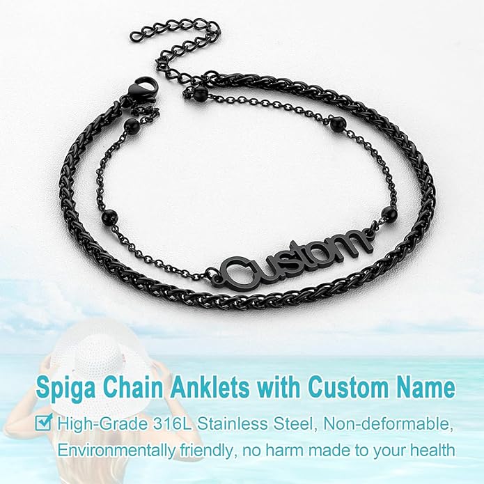 U7 Custom Layered Ankle Bracelets for Women Stainless Steel Bead/Cuban/Figaro/Rope/Wheat Chain Anklet Waterproof Anklet Jewelry for Beach Vacation