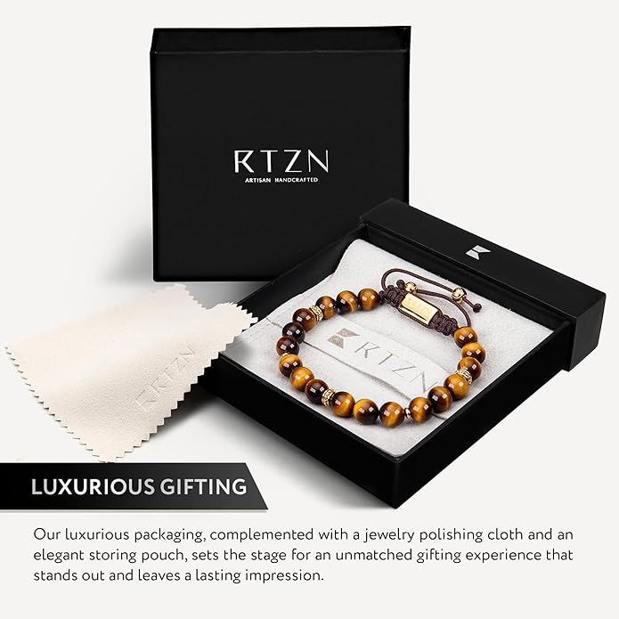 RTZN® Tigers Eye Bracelet for Men – Premium Artisan Handcrafted Golden Brown Tiger Eye Bead Bracelets – Natural Stone Tiger Eye Bracelet Men – Beaded Bracelets for Men