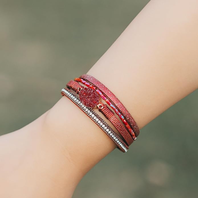 FANCY SHINY Leather Wrap Bracelet Boho Cuff Bangle Bracelets Crystal Bead Bracelet with Magnetic Clasp Jewelry Gifts for Women