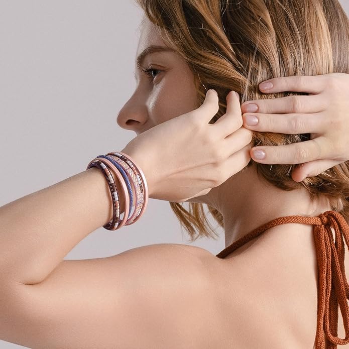 FANCY SHINY Boho Leather Wrap Bracelets Trendy Layered Bracelets with Magnetic Clasp Strackable Bohemian Jewelry Gifts for Women
