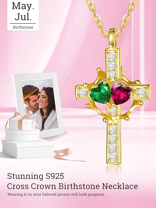 Zeuslia Double Birthstone Necklace Gifts for Wife - 925 Sterling Silver Sunflower/Rose/Crown Cross/Compass/Heart Pendant I Love You Necklace, Anniversary Birthday Gifts for Wife Girlfriend Mom Her