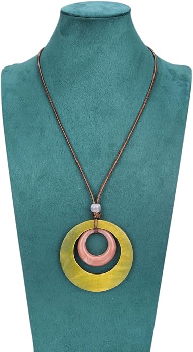Long Boho Necklaces for Women Vintage Leather Wooden Pendant Y Choker Ethnic Style Gold Circle Hippie Sweater Necklace