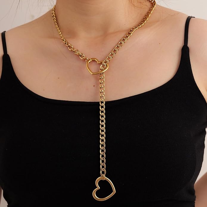 Heart Y-Necklace for Women Stainless Steel Heart Slip Chain Necklaces Adjustable Punk Gothic Cuban Collar Choker Fashionable Holiday Birthday Jewelry Gifts