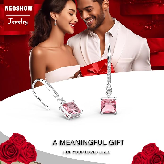 18K White Gold Plated Sterling Silver Square Princess Cut Cubic Zirconia Dangle Earrings for Women Square CZ Diamond Drop Dangling Earrings for Women Mom Hypoallergenic