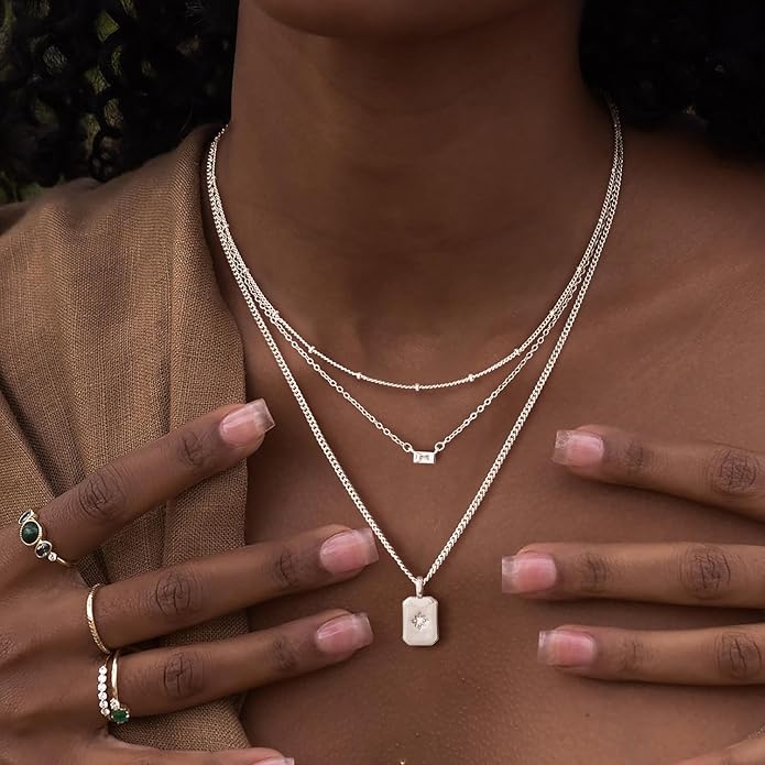 Layered Silver Necklace for Women Trendy Silver Plated Dainty Stackable Necklace Set Cuban Paperclip Herringbone Link Chain Coin/Cross/diamond/Mobius Pendant Necklaces Fashion Accessories Jewelry Gift
