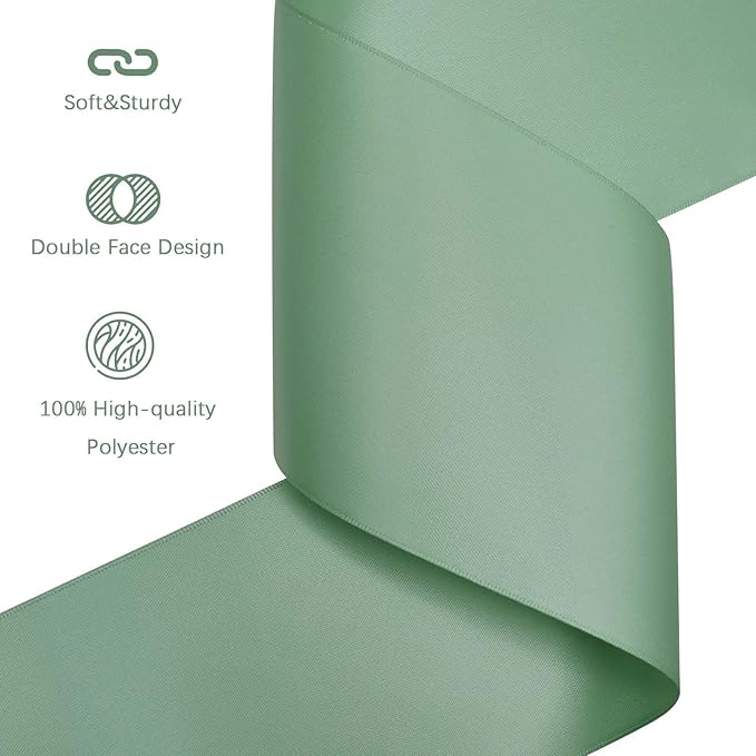 LEEQE Sage Green Satin Ribbon 4 inch X 15 Yards Polyester Ribbon for Gift Wrapping Very Suitable for Weddings Party Hair Bow Invitation Decorations and More