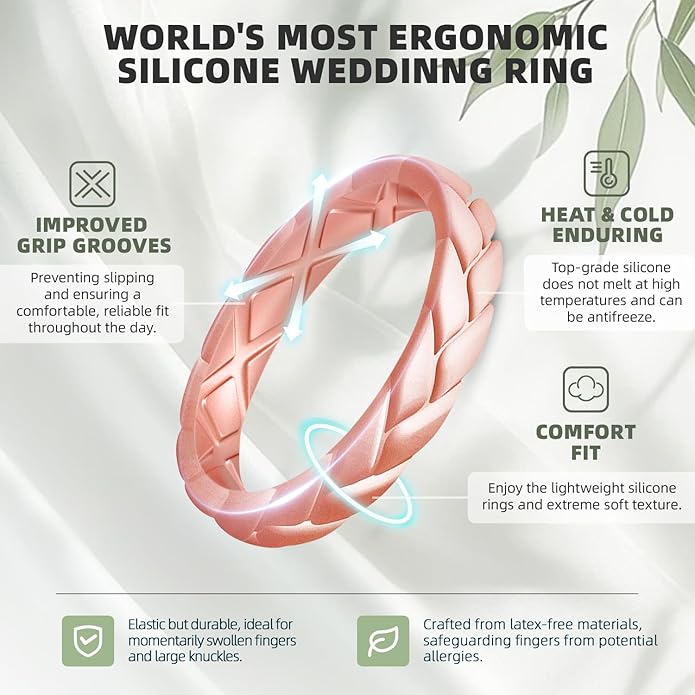 Egnaro Women's Silicone Stackable Rings 3.5mm Wide 2mm Thick, Rubber Flexible Hypoallergenic Wedding Bands For Workout Leaf Braided Fashion