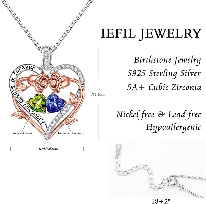 Iefil Rose Heart Double Birthstone Necklace Gifts for Wife Her Mom Women, Birthstone Jewelry Gemstone Birthday Gifts for Girlfriend Grandma Her Wife Women