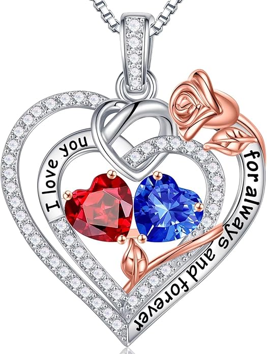 Iefil Rose Heart Necklace Gifts for Wife Women - 925 Sterling Silver Double Birthstone Necklace, Anniversary Birthday Gifts for Women, Jewelry Gift for Wife Girlfriend Mom Her