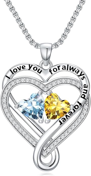 I Love You for Awlays and Forever Double Heart Necklace with Birthstone, 2 Birth Stone Jewelry Anniversary Valentines Mothers Day Christmas Birthday Gifts for Women Her Wife Girlfriend Mom Mother