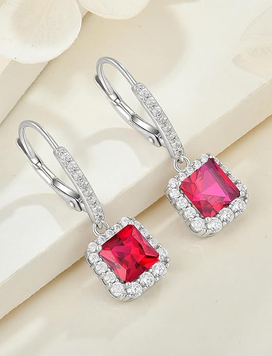 Square Dangle Drop Earrings Sterling Silver Halo Leverback Earrings Birthstone Jewelry for Women