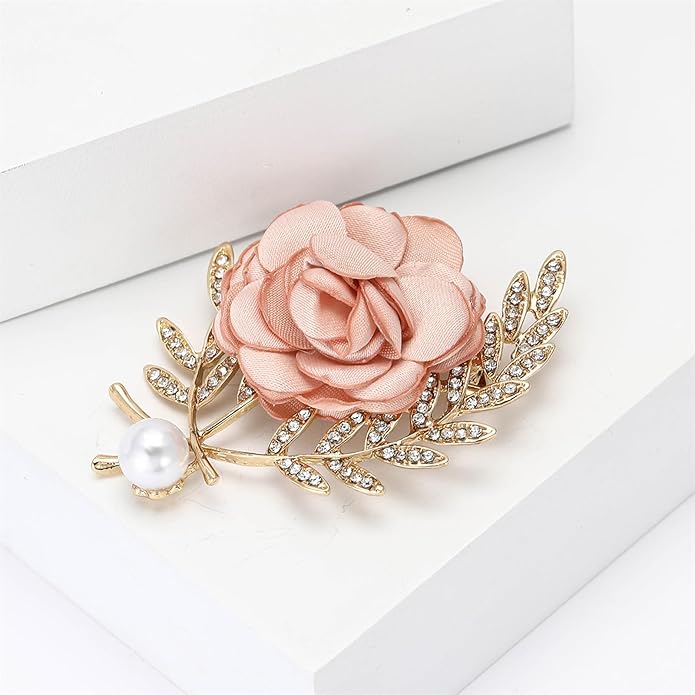 Rose Brooch for Women,Dainty Satin Fabric Flower Lapel Pins Vintage Elegant Pearl Brooches Handmade Crystal Pearl Pins Silk Camellia Safety Collar Pin Dress Suit Accessories Wedding Bridal Bouquet Jewelry