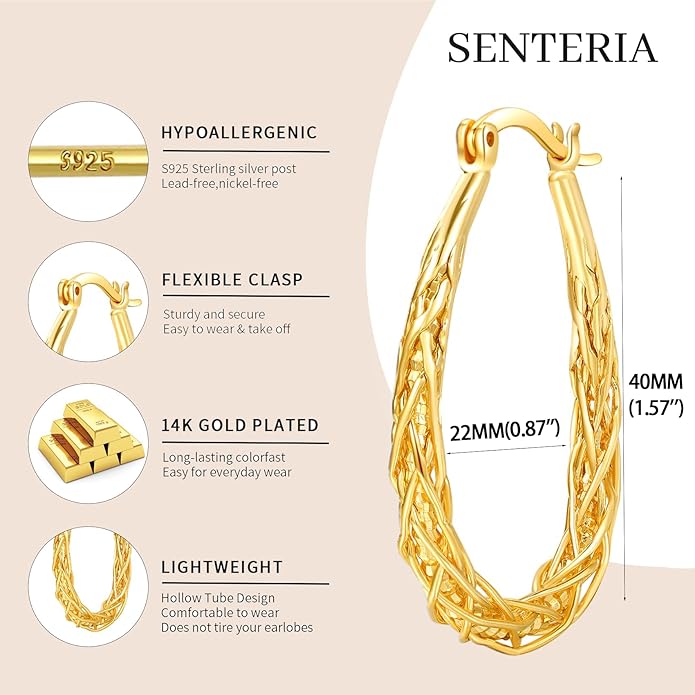 Senteria Sterling Silver Hoop Earrings - Medium, Lightweight, Thick Twist Oval Hoops