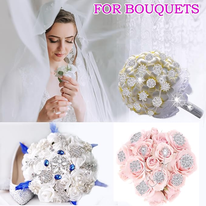 Yhsheen Silver Rhinestone Brooches Pin Kits Crystal Pearl Brooches for Bouquets for Wedding Decoration Accessories Jewelry Making Crafts(Sliver-14PCS)-B