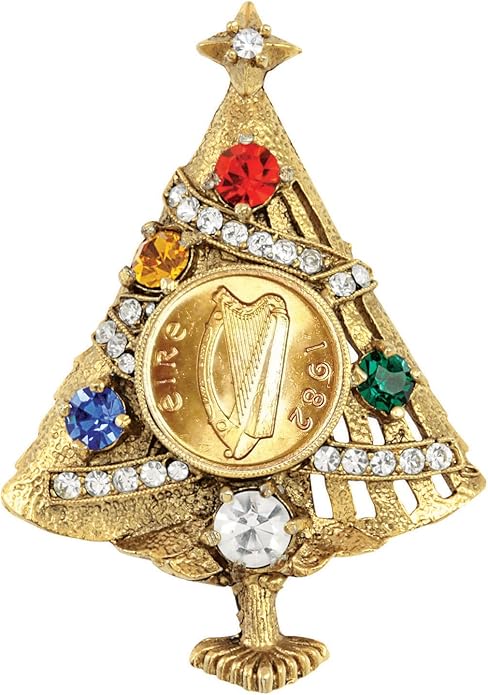 Brooch Irish Half Penny Coin Jewelry- Christmas Tree Pin- Goldtone Bezel-Minted in Ireland Featuring Harp Side