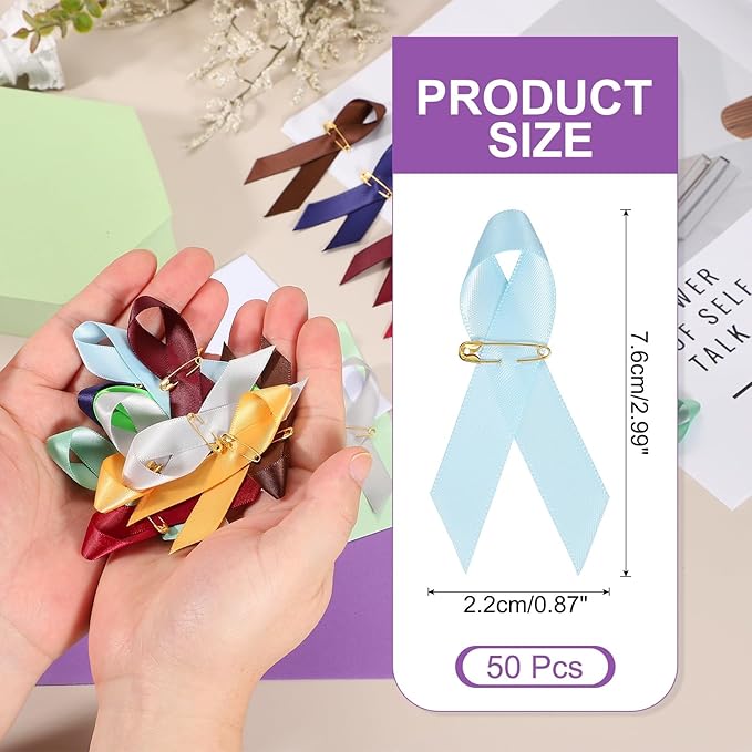 PATIKIL 50 Pcs Polyester Ribbon Satin Pins, Satin Ribbon with Safety Pins for Charity Public Social Event Party Clothing Decoration Anniversary, Light Blue