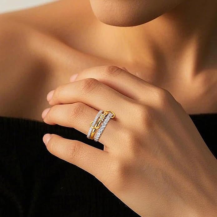 Gold Stackable Rings for Women Non Tarnish, 18K Gold Plated CZ Cubic Zirconia Rings, Golden Rings Set, Multi-Link Connected Rings