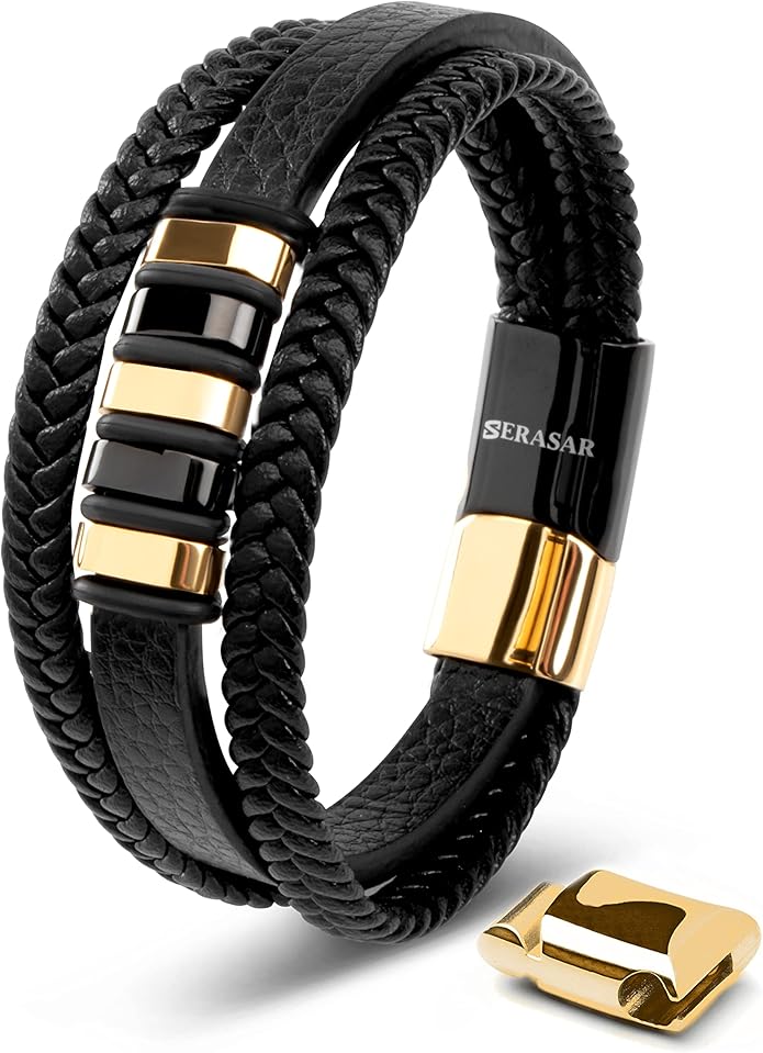 SERASAR | Premium Genuine Leather Bracelet [Glory] for Men in Black | Magnetic Stainless Steel Clasp in Silver and Gold | Exclusive Jewelry Box | Great Gift Idea