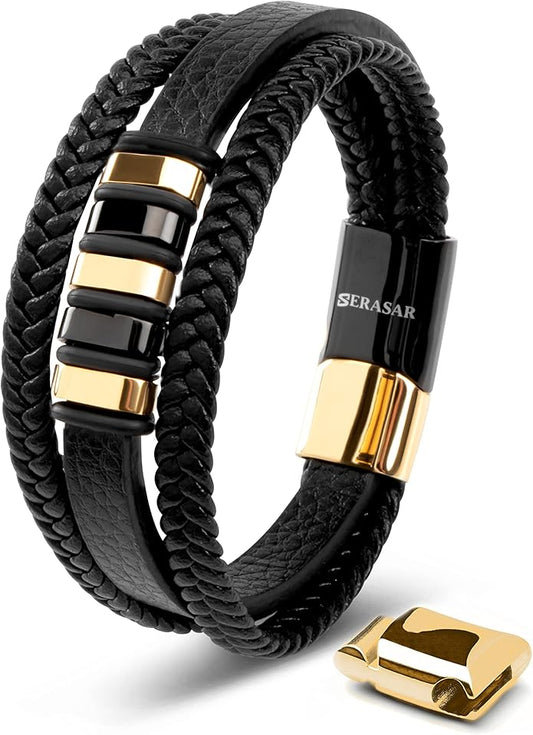 SERASAR | Premium Genuine Leather Bracelet [Glory] for Men in Black | Magnetic Stainless Steel Clasp in Silver and Gold | Exclusive Jewelry Box | Great Gift Idea