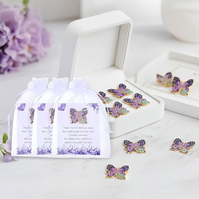 MveLwodx Funeral Favors for Guest Celebration of Life Favors Butterfly Pins Brooches Organza Bags Thank You Cards for Memorial Party Supplies Guest Family Friends Return Favors Funeral Gifts