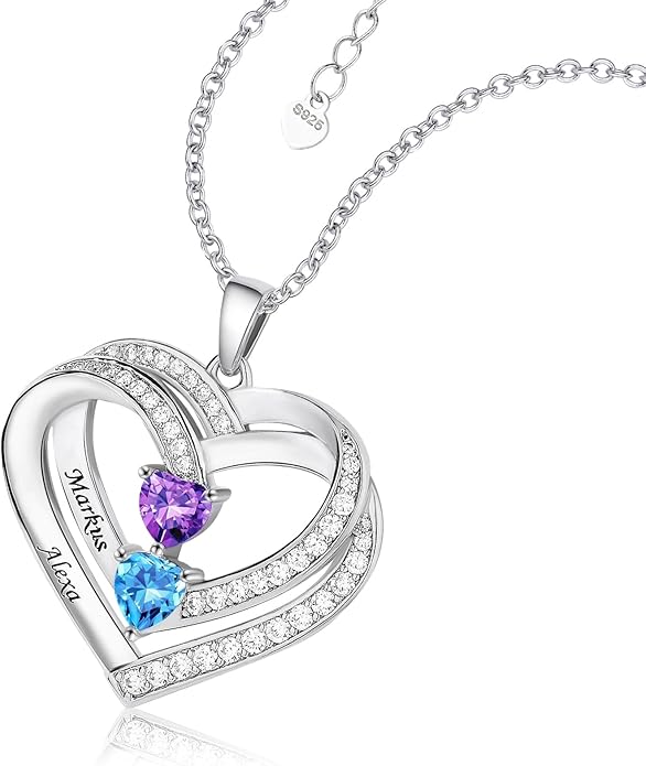 JOBFLY S925 Sterling Silver Customized 2 Birthstone Heart Necklace with 2 Name Engraved Personalized Mother Daughter Necklace Couple Jewelry Christmas Birthday Gift