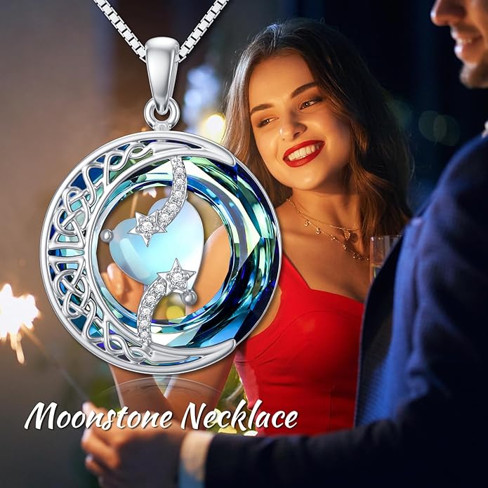 TOUPOP Christmas Gifts Birthstone Necklace 925 Sterling Silver Moon and Star Pendant with Blue Crystal Celtic Moon Jewelry Birthday Gifts for Women Mom Wife Her Daughter