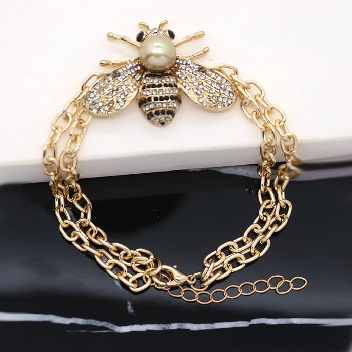 Honey Bee Brooches Crystal Insect Themed Bee Brooch Animal Fashion Shell Pearl Brooch Pin Gold Tone