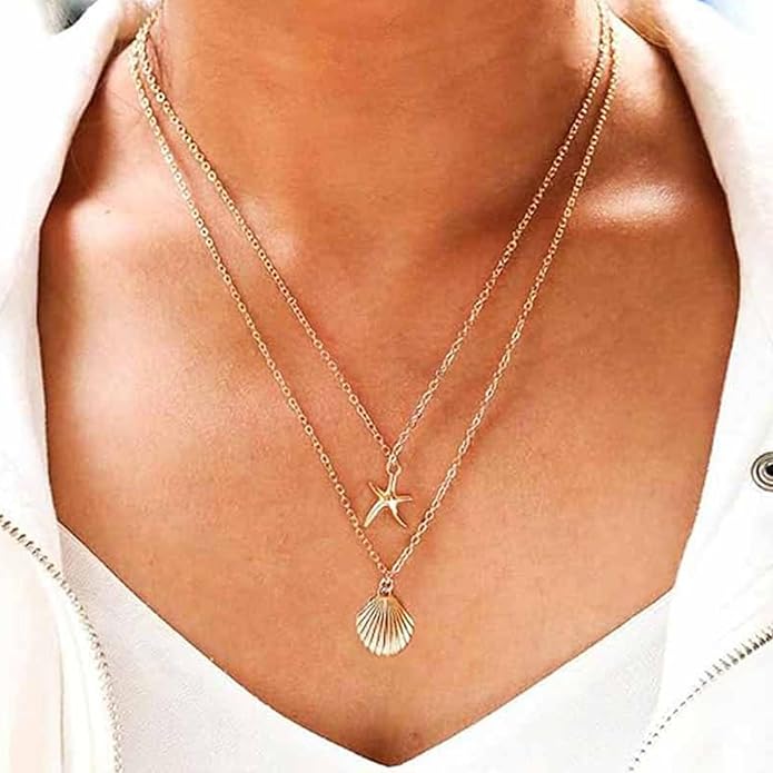 Gold Starfish Necklace for Women Beach Jewelry Accessories Sea Shell Beach Necklace Layered Starfish Pendant Beachy Ocean Necklaces Boho Cowrie Seashell Summer Necklaces Jewelry Gifts Trendy Stuff
