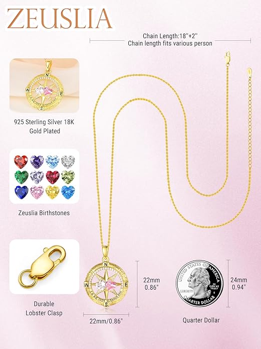 Zeuslia Double Birthstone Necklace Gifts for Wife - 925 Sterling Silver Sunflower/Rose/Crown Cross/Compass/Heart Pendant I Love You Necklace, Anniversary Birthday Gifts for Wife Girlfriend Mom Her