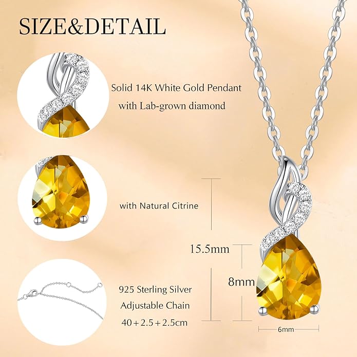 FANCIME 14K Solid White Gold Teardrop Pendant with Diamond Birthstone Necklace
