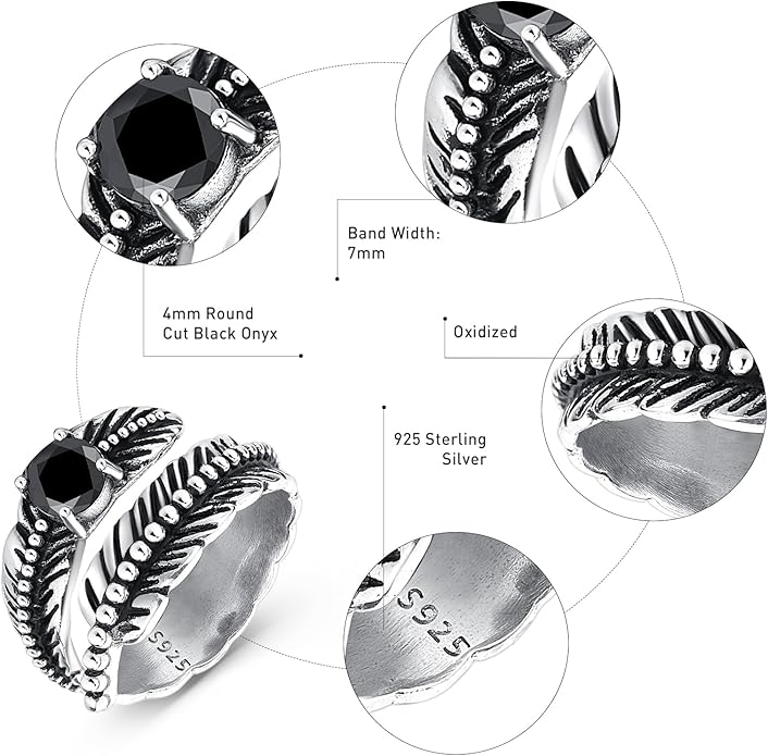 Sterling Silver Feather Ring with Black Onyx & Turquoise - Adjustable Stacking Vintage Statement Ring for Women & Men