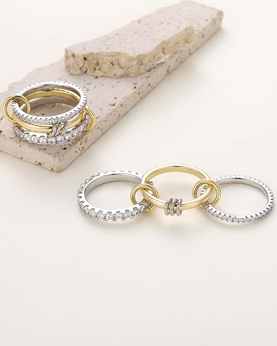 Gold Stackable Rings for Women, Non Tarnish 14K Gold Plated Cubic Zirconia Mixed Metals Stacking Connected Rings Set Jewelry Gifts