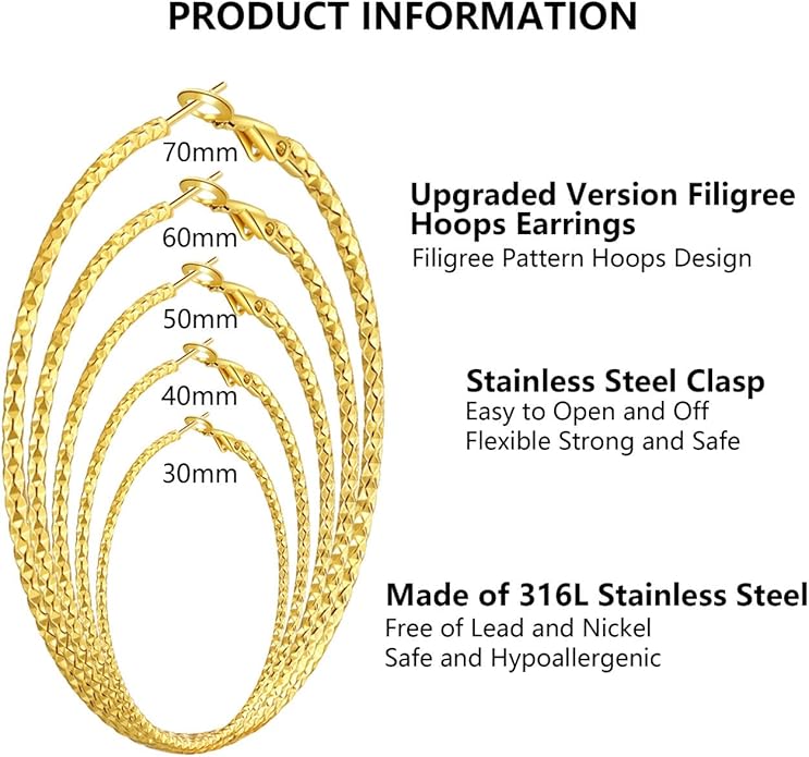 5/10 Pairs Stainless Steel Hoop Earrings for Women Hypoallergenic Large Small 14K Gold Plated Starry Sky Filigree Hoops Silver Plated Hoop Earring Pack Lightweight Fashion Earrings Set