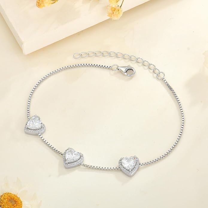 Love Heart Bracelet 925 Sterling Silver Halo Heart Birthstone Bracelet Jewelry Gifts for Women