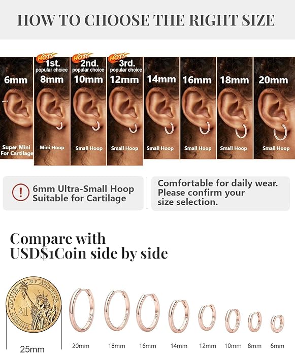 Silvora 925 Sterling Silver Small Hoop Earrings for Women Huggie Earrings Hypoallergenic Cartilage Earrings Tiny Hoops 6mm/8mm/10mm/12mm/14mm/16mm/18mm/20mm