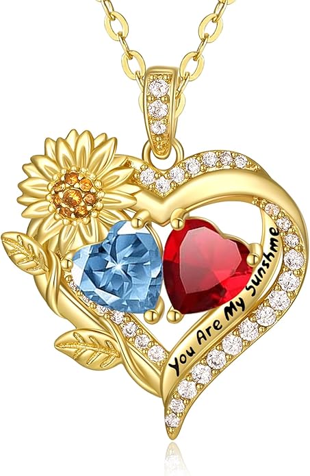 Sunflower Heart Necklace for Women 14K Gold Exquisite Anniversary Birthday Gifts for Wife Mother Her Double Birthstone Pendant jewelry‘You Are My Sunshine’