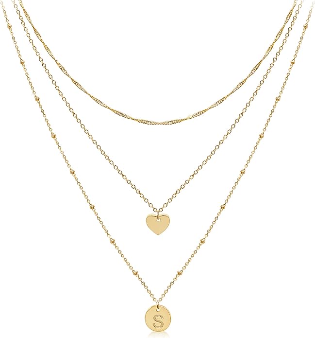 Aisansty Dainty Layered Initial Choker Necklaces Handmade 14K Gold Plated Tiny Heart Personalized Letter Disc Pendant Adjustable Chain Layering Gold Necklaces for Women Gift Jewelry