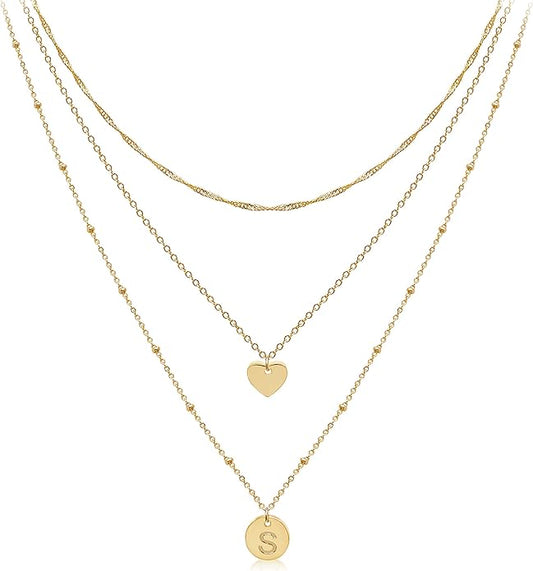 Aisansty Dainty Layered Initial Choker Necklaces Handmade 14K Gold Plated Tiny Heart Personalized Letter Disc Pendant Adjustable Chain Layering Gold Necklaces for Women Gift Jewelry
